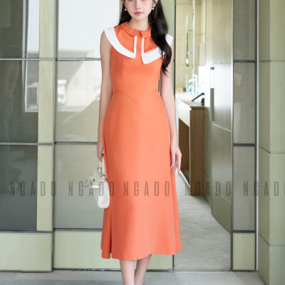 Đầm cam cổ sen phối trắng NGADO, đầm dự tiệc , đầm dạo phố