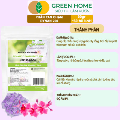 Bộ 3 Phân Tan Chậm GreenHome, Rynan 200-210-220, Bao 90g ,Chuyên Phong Lan 3 Giai Đoạn Từ Con - Ra Hoa