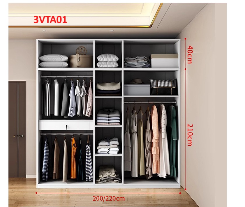 Tủ quần áo thiết kệ hiện đại - Tủ quần áo gỗ MDF 3VTA01A - Nội thất lắp ráp Viễn Đông ADV