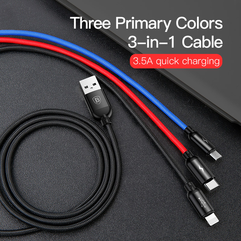 Cáp sạc 3 màu 3 IN 1 (iPhone+Type-C+Micro) Baseus Three Primary Colors 30cm - Hàng chính hãng