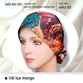 [KIỂU BÚI TÓC-NÂU GỖ] Nón hóa trị vải mềm mát, hút mồ hôi, bệnh nhân ung thư, chemo hat, mũ vải trùm đầu, khăn vải