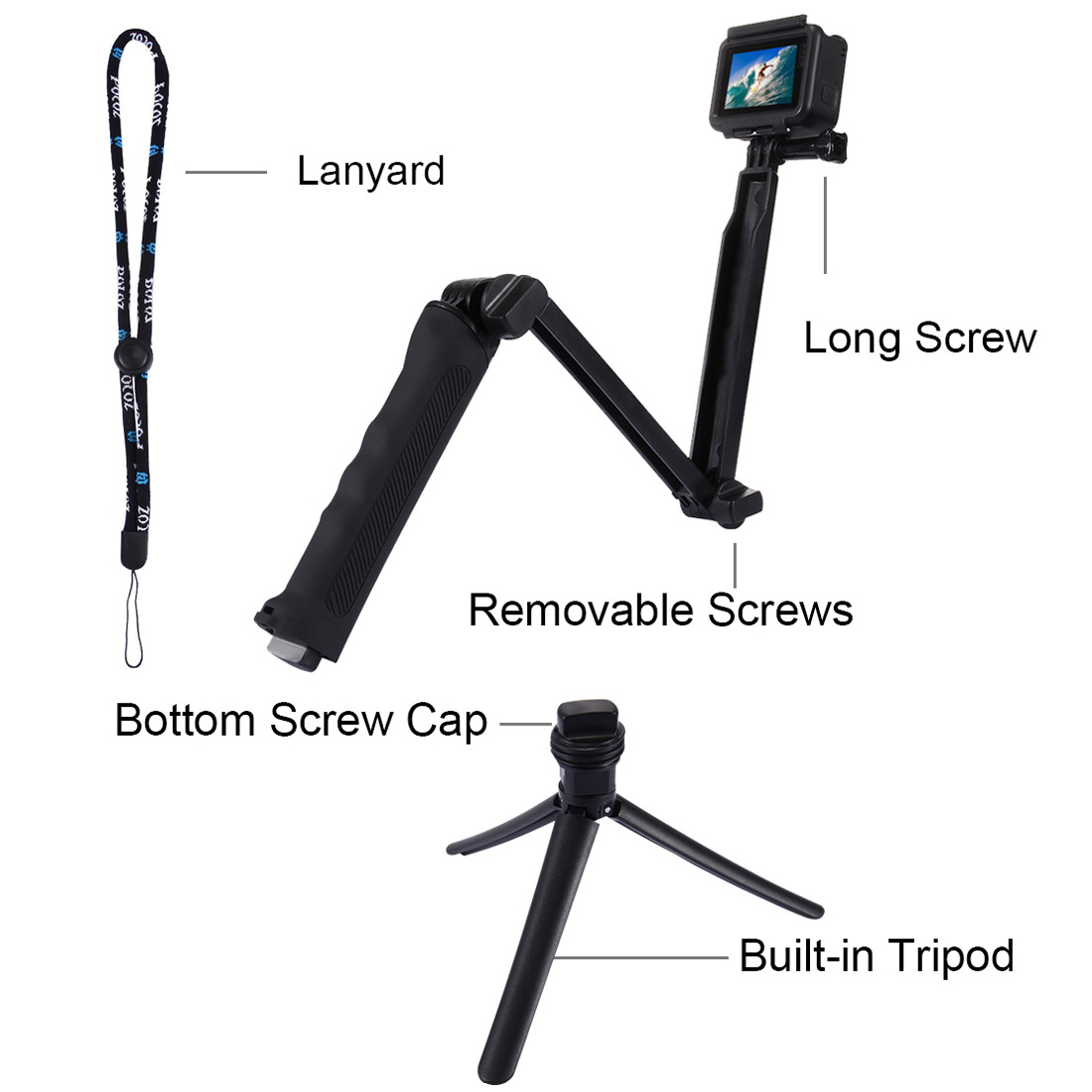 Chân đế Selfie/Stick Monopod cao cấp gấp gọn dành cho máy ảnh thể thao, camera hành trình Puluz PU202, hàng chính hãng