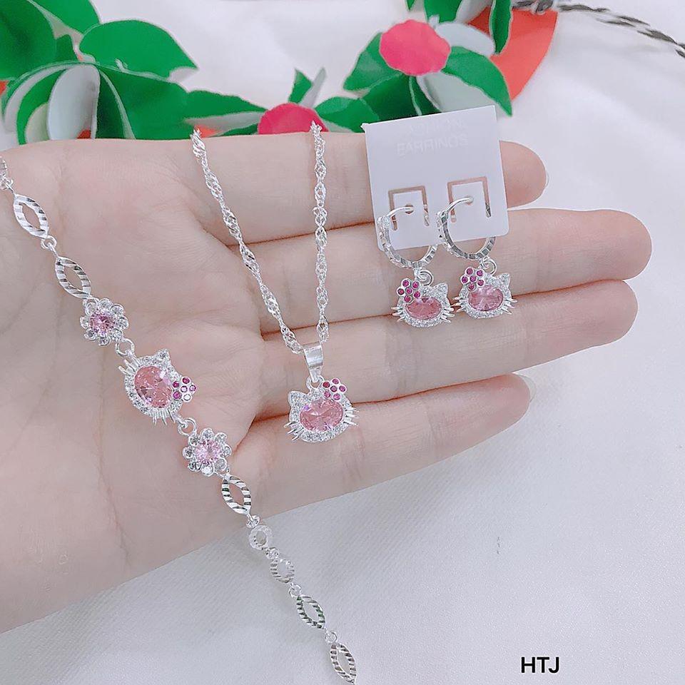 Bộ trang sức bạc mặt kitty cho trẻ em MS377