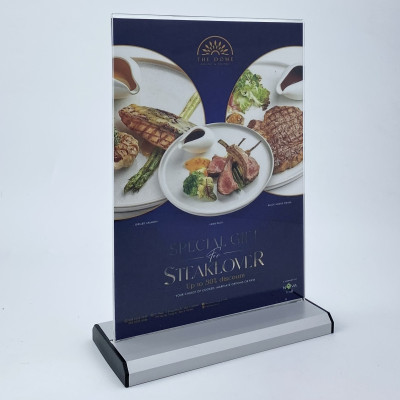 Kệ menu nhà hàng, Standee mica để bàn, Bảng quét mã QR Code, Kệ mica 2 mặt Enter E32 100x210mm đế nhôm 1/3 A4