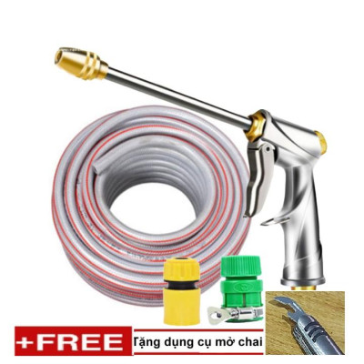 Bộ dây vòi xịt nước rửa xe, tưới cây . tăng áp 3 lần, loại 20m 206701-2 đầu đồng,cút,nối vàng+tặng mở chai
