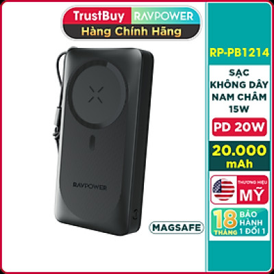 Pin Sạc Dự Phòng 20000mAh RAVPower RP-PB1214 Sạc Nhanh 20W, Sạc Không Dây Nam Châm Tối Đa 15W, Tương Thích Mag.Safe iPhone - Hàng Chính Hãng