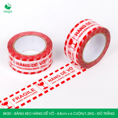BK3D - Băng keo HÀNG DỄ VỠ màu đỏ trắng khổ 4.8 cm - Băng dính niêm phong - 6 cuộn