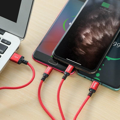 Cáp Sạc 3 Đầu Hoco X14 iPhone/Micro Usb/ Type C bọc vải, chống gẫy gập dài 1m - Hàng chính hãng