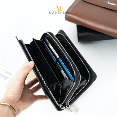 Clutch Ví Cầm Tay Nam, Nữ Mandino 2 Ngăn Khóa Kéo Da Bò Nappa Nhỏ Gọn Tiện Dụng CT521