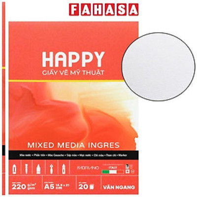 Sổ Vẽ Mỹ Thuật Gáy Keo Đa Chất Liệu A5 - Happy Mix Media Ingres - Vân Ngang - 220gsm (20 Tờ)