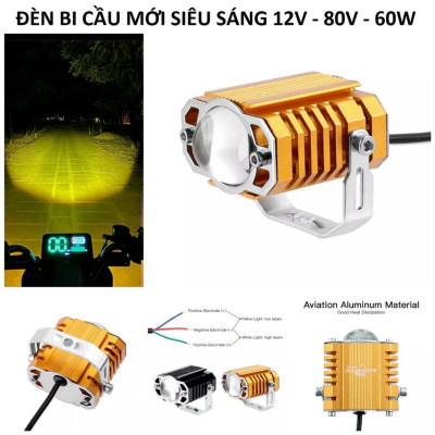 Đèn trợ sáng bi cầu motofish 2 chế độ cốt vàng pha trắng 12v-80v - 45w siêu sáng