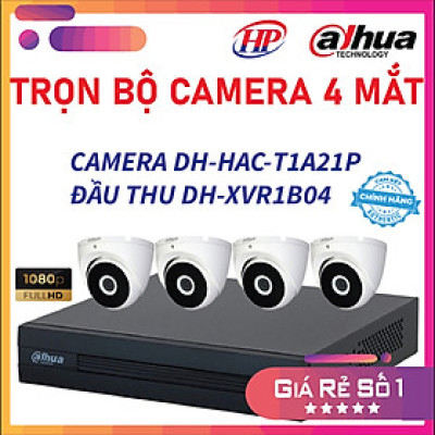 Trọn bộ 4 camera DH-HAC-T1A21P Đầu thu 4 cổng XVR1B04 đầy đủ phụ kiện, Hàng chính hãng