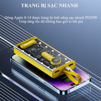 Sạc Dự Phòng trong suốt 30000mAh - sạc siêu nhanh, tích hợp 4 cáp, 2 cổng usb, sạc cùng lúc nhiều điện thoại - Hàng chính hãng