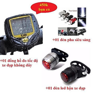 Bộ phụ kiện đẹp cho xe đạp gồm, Đồng hồ đo tốc độ xe đạp, đèn pha xe đạp, đèn hậu xe đạp