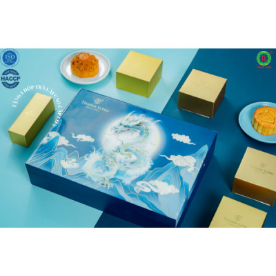 Hộp bánh trung thu cao cấp tráng gương 4 bánh 2 trứng 220g - Long Hưng - Thành Long 880g - Tặng 1 hộp trà - Việt Nam