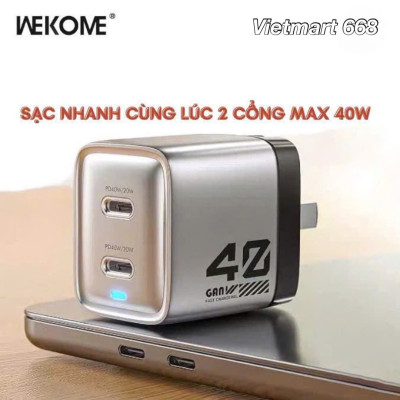Củ Sạc Nhanh 40W WEKOME WP-U02 - Công Nghệ GaN Mới Nhất - Tích Hợp 2 Cổng TypeC Hỗ Trợ Sạc Nhanh Lên Đến 40W - Hàng Chính Hãng