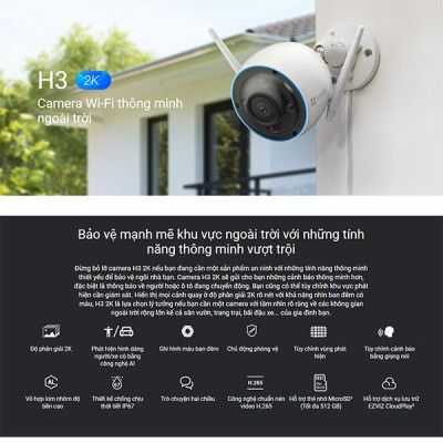 CMR Wifi Ezviz H3 2K (CS-H3-R100-1H3WKFL) Hỗ trợ Phát hiện dáng người/xe bằng công nghệ AI, Phát hiện chuyển động - Hàng chính hãng