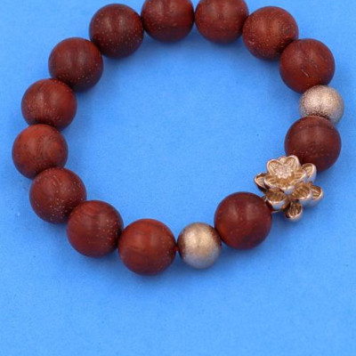 Chuỗi đeo tay Gỗ Đỏ 12 ly mix Bông Sen inox vàng hồng VGOHSHBH12 - Vòng tay hoa sen inox 304