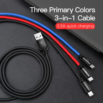 Cáp sạc 3 màu 3 IN 1 (iPhone+Type-C+Micro) Baseus Three Primary Colors 30cm - Hàng chính hãng