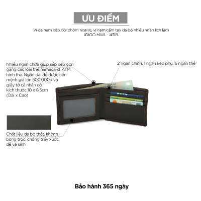 Ví da nam gập đôi phom ngang, ví nam cầm tay nhiều ngăn lịch lãm IDIGO MW1-4318