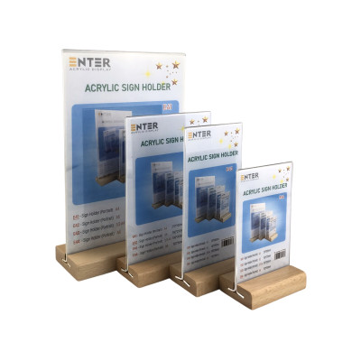 Kệ mica 2 mặt Enter E44 100x150mm đế gỗ A6 đứng, Kệ menu nhà hàng, Standee mica để bàn, Bảng quét mã QR Code