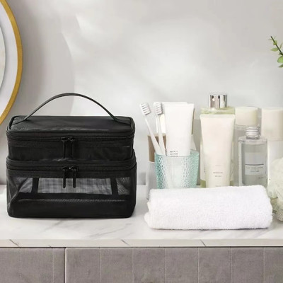 Túi Đựng Mỹ Phẩm, Đồ Trang Điểm 2 Tầng Bằng Vải Lưới Nhẹ Gọn, Dễ Giặt Vệ Sinh Tiện Dụng