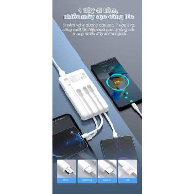 Sạc dự phòng PISEN Digital D109-D-1 10000mAh kèm cáp Type-C, L, Micro, tương thích mọi thiết bị (LS-DY53), Hàng chính hãng