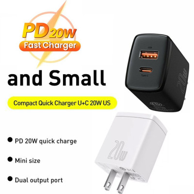 Củ sạc nhanh PD 20W Baseus Compact Quick Charger chuôi dẹt 1 cổng Usb và Type-C - Hàng chính hãng