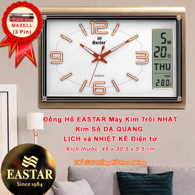 Đồng Hồ Cao Cấp EASTAR Có DẠ QUANG & LỊCH và NHIỆT KẾ ĐIỆN TỬ - Máy KIM TRÔI - Tặng Pin Maxell - Decor Trang Trí Nhà - BH 1 Năm