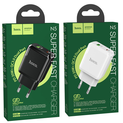 Củ sạc nhanh Hoco N5 (QC, PD 20W) cho android,iphone - chất liệu PC chống cháy - Phích cắm EU ( chân tròn) - Hàng chính hãng