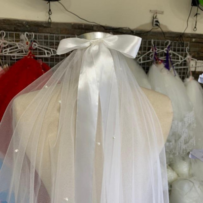 Voan cài tóc cô dâu trắng kem ngắn ngang lưng mẫu mới 2020 sp2878