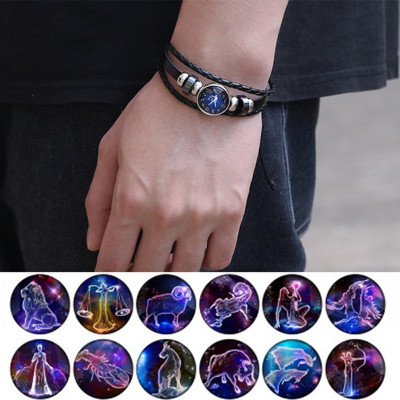 Vòng Đeo Tay Giả Cổ Dây Da Bệt Tết Phong Cách Retro Mặt Vòng Hình 12 Cung Hoàng Đạo Có Thể Điều Chỉnh Độ Rộng