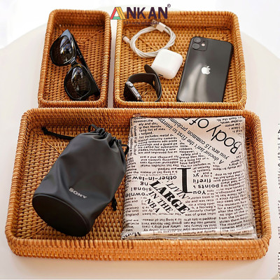 Khay Trang Trí Mây Tre Đan ANKAN – Rổ Vintage Handmade Đựng Trái Cây, Bánh Kẹo, Mỹ Phẩm, Trà Bánh