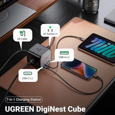 Cục sạc nhanh 65W GaN 3 DigiNest Cube 2xUSB C, 2xUSB A, 3xAC Ugreen 40861 CD268 - thương hiệu đến từ HongKong hàng chính hãng UGREEN có bảo hành !!!