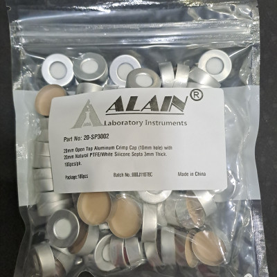 Chai thủy tinh đựng mẫu phân tích 10ml trắng trong 22.5x46mm + Nắp bấm 20mm có lỗ đệm septa Silicone white/ PTFE natural, 100 cái/hộp