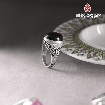 Nhẫn bạc nam đá mắt hổ vàng nâu ni 19 mệnh thổ, kim - Ngọc Quý Gemstones