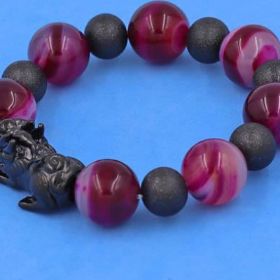 Chuỗi tay Tỳ Hưu inox mix Thạch Anh Hồng Sọc size 16 ly phối 6 bi - hợp mệnh Hỏa, mệnh Thổ - Chuỗi size XXL