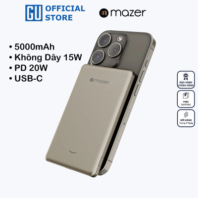 Pin Sạc Dự Phòng Mazer MagAir19 Siêu Mỏng Dung Lượng 5000mAh PD20W Không Dây 15W Hàng Chính Hãng