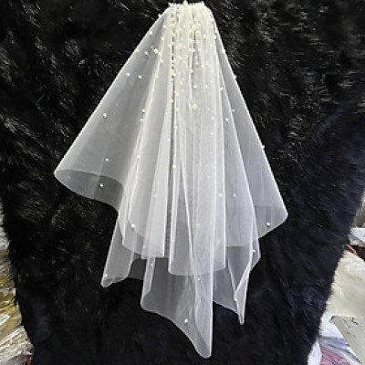 Voan cài tóc cô dâu trắng kem đính hạt dầy ngắn 70 cm Giangpkc