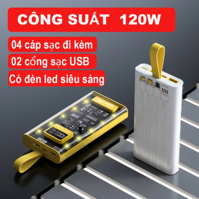 Sạc Dự Phòng 50.000MAH Trong Suốt kèm cáp sạc nhanh 4 đầu, tích hợp 4 cáp sạc, làm đèn ngủ - FTAKY Hàng Nhập Khẩu