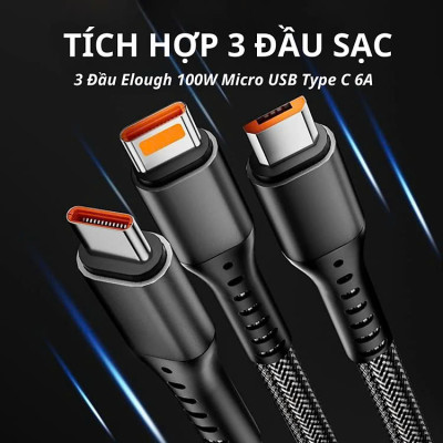 Dây Sạc 3 Đầu, Dây Sạc Nhanh 100W Với 3 Đầu Sạc Phù Hợp Với Nhiều Dòng Điện Thoại Dài Khoảng 1 Mét - Hàng Nhập Khẩu
