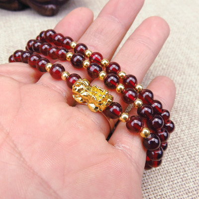 Combo Vòng đeo tay phong thủy đá Ngọc Hồng Lựu đính Tì Hưu Mạ Vàng 18k, kèm hộp đựng lót lụa.