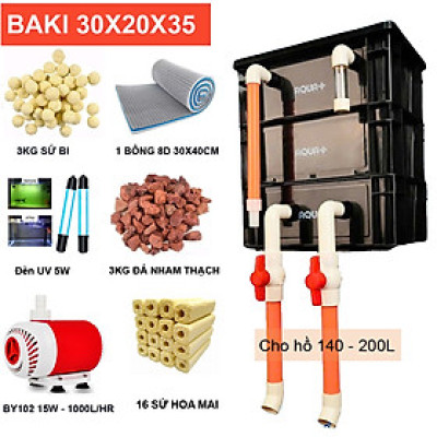 Bộ Lọc Nước Hồ Cá Koi 140-200L: Thùng Baki 3 Tầng, Bơm Baoyu 15W, Đèn UV 5W, Vật Liệu Lọc Đầy Đủ ( A)