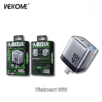 Củ Sạc Nhanh 40W WEKOME WP-U02 - Công Nghệ GaN Mới Nhất - Tích Hợp 2 Cổng TypeC Hỗ Trợ Sạc Nhanh Lên Đến 40W - Hàng Chính Hãng