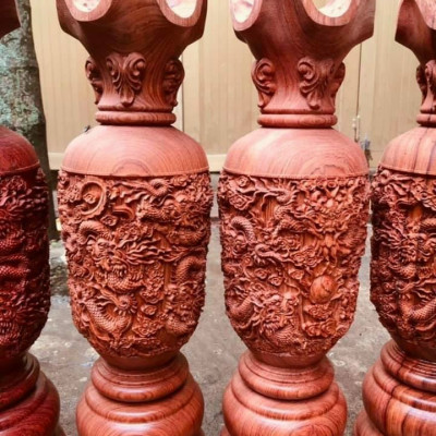 Đôi lộc bình bằng gỗ hương trạm khắc cửu long kt cao 60cm