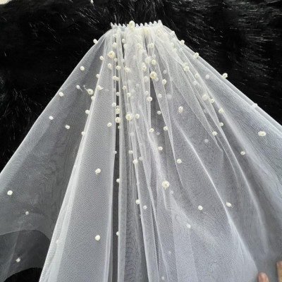 Voan cài tóc cô dâu trắng kem đính hạt dầy ngắn 70 cm Giangpkc