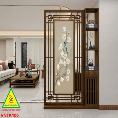 Vách ngăn phòng khách, vách ngăn tủ kệ bằng gỗm bình phong tranh VNTK406- NỘI THẤT LẮP RÁP VIENDONGADV