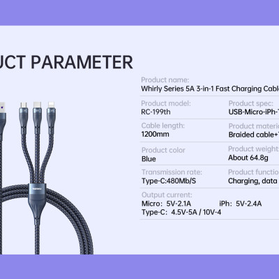 Cáp sạc 3 đầu đa năng 40W Remax RC199th (1.2m) - Hàng chính hãng