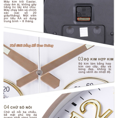 Đồng hồ Treo Tường Cao Cấp Có DẠ QUANG và NHIỆT ẨM KẾ TỰ ĐỘNG - Máy KIM TRÔI EASTAR - Viền Mỏng Số Nổi 3D - Tặng Pin Maxell - BH 1 Năm