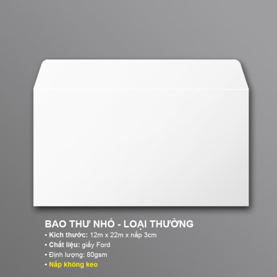BAO THƯ TRẮNG - 12X22cm - Loại thường (định lượng 80gsm) - 100 CÁI/XẤP - nắp không keo